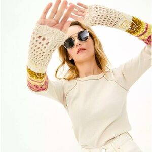 Free People cream embellished crocheted sleeve top